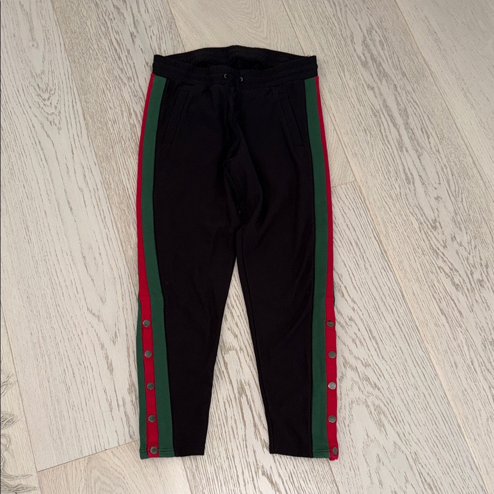 Black Track Pants with Red and Green Stripes